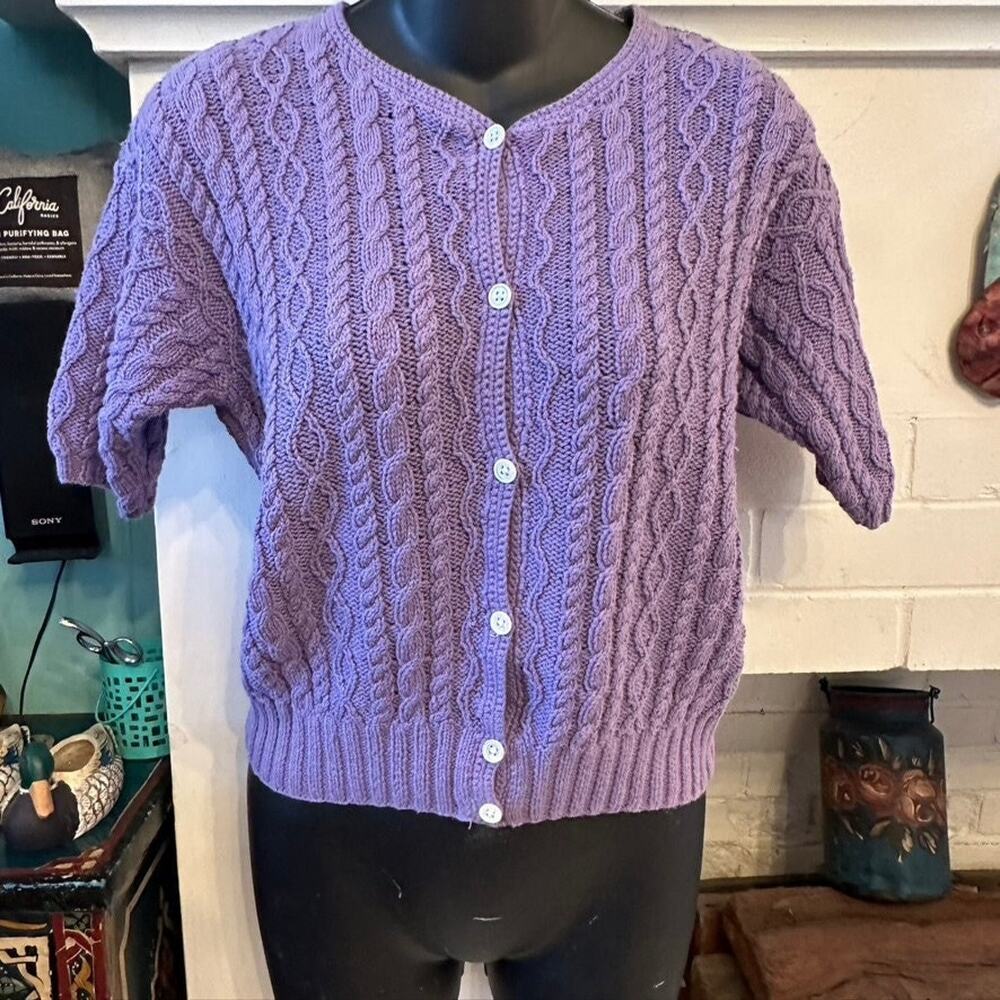 RALPH LAUREN 70's 80's HANDKNIT Cabled Cotton Short Sleeved Cardigan Sweater M